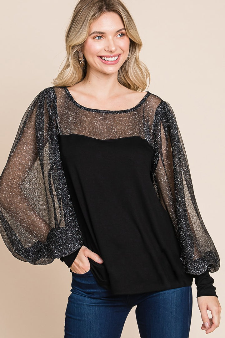 All For Glam - Metallic Mesh Lantern-Sleeve Top