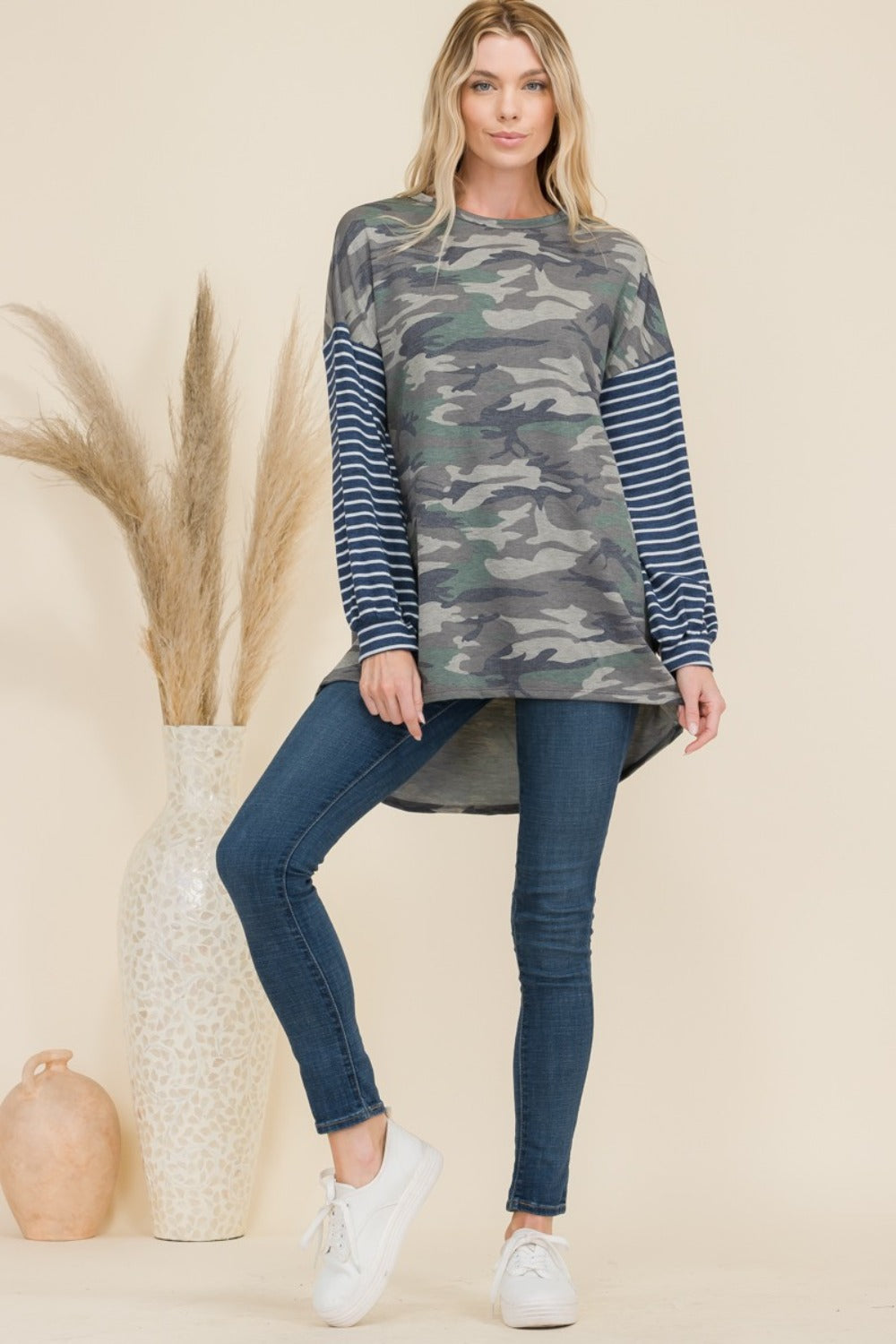 Camo High-Low Mixed-Print Top - Olive