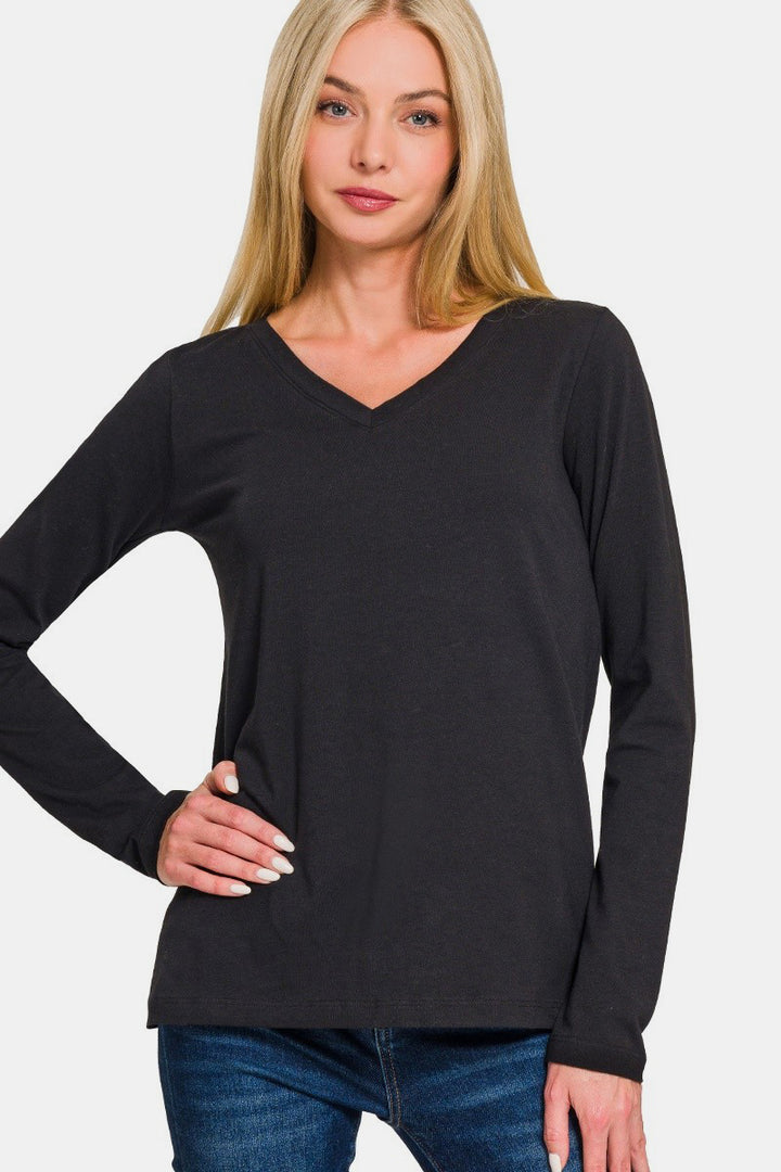 Comfy Basics - Cotton V-Neck Top - Black