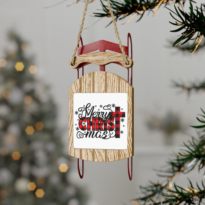 Rustic Holidays - Christmas Sled Ornament - Merry Christmas Red Plaid With Cross Design