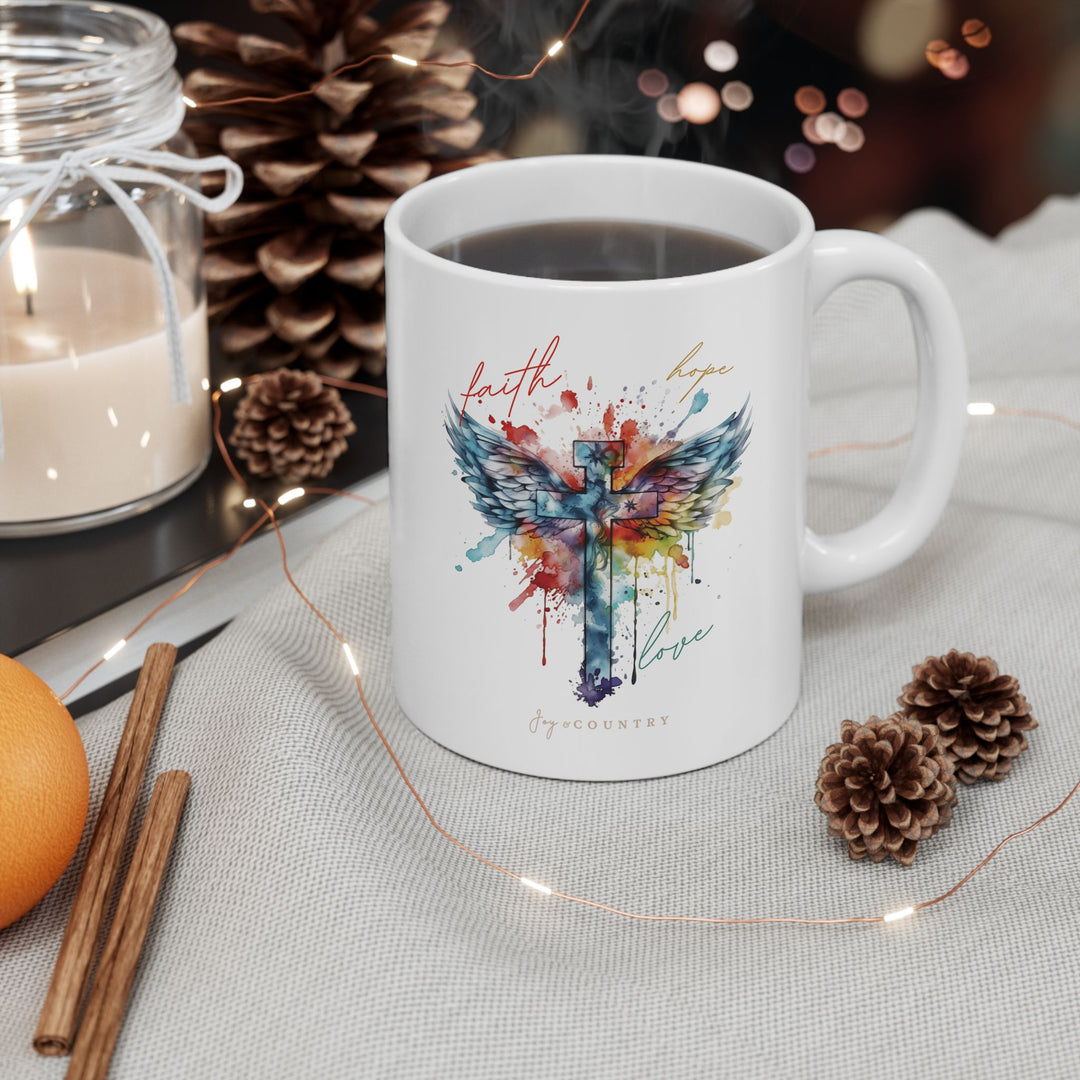 Faith, Hope, Love Watercolor Cross White Ceramic Mug (11 oz)