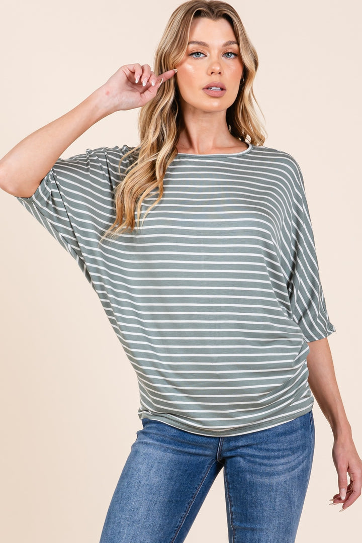 Closet Staple - Striped Boat-Neck Dolman Top - Dusty Olive