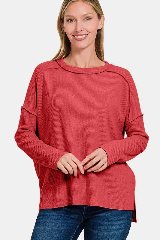 Cozy Style - Brushed Knit Sweater Top - Red