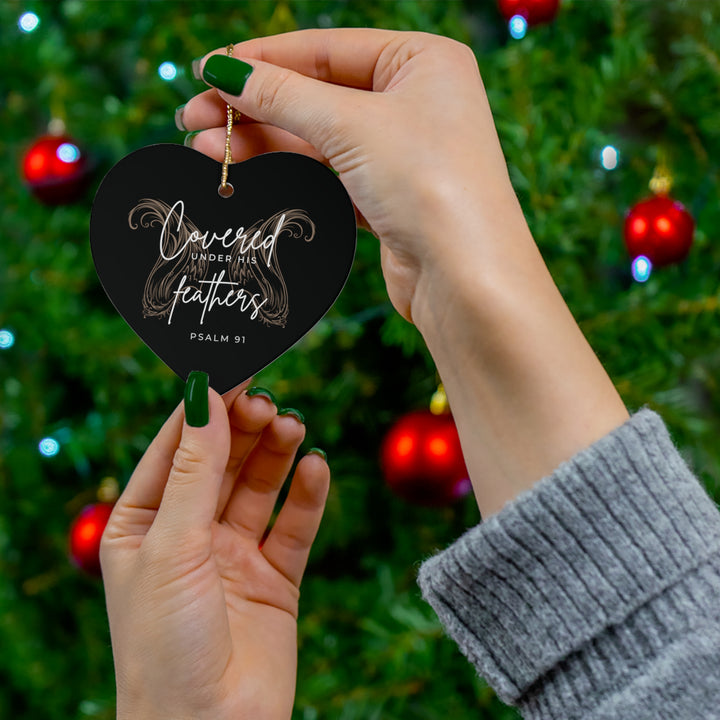 Covered Under His Feathers - Ceramic Heart Ornament - Black Background