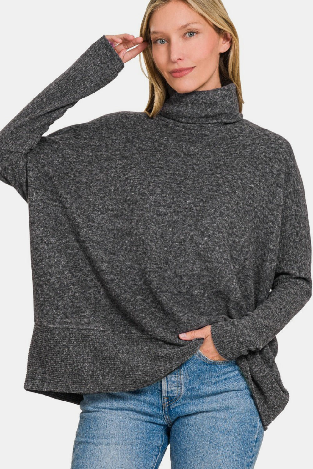 Snuggly Chic - Brushed Hacci Turtleneck Sweater - Heather Black