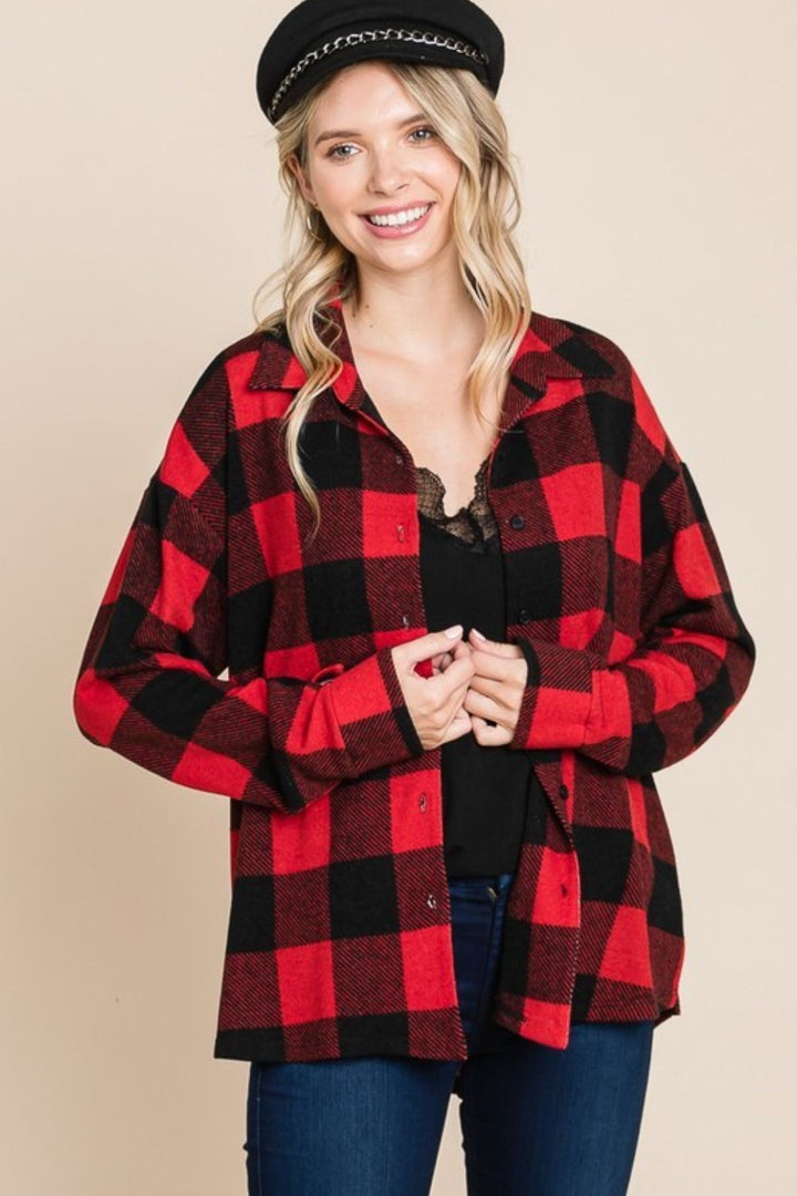 Plaid Button-Up Long-Sleeve Top