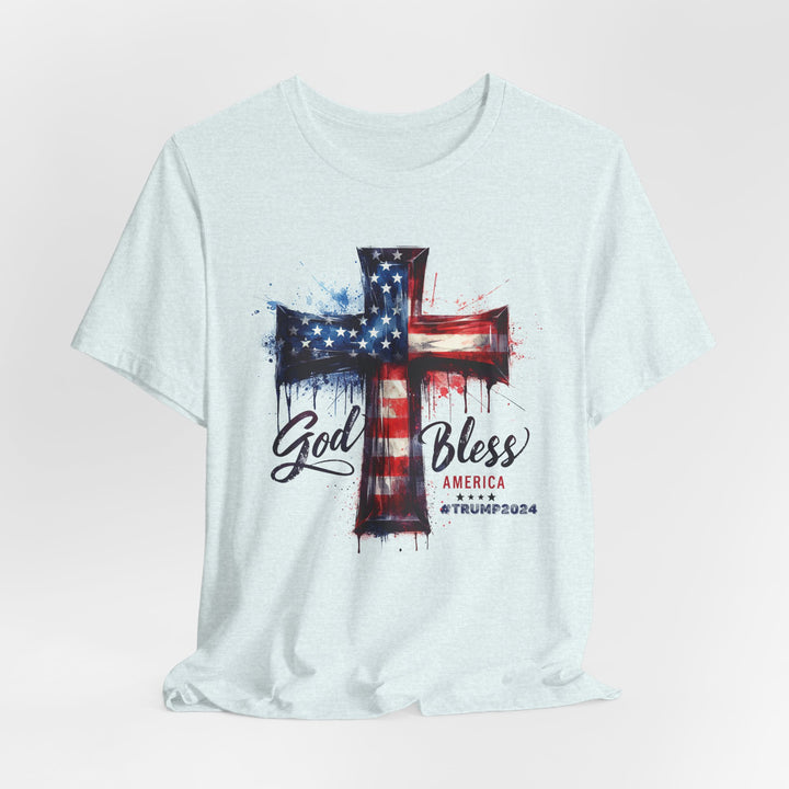 God Bless America Trump 2024 Commemorative - USA Flag Cross Watercolor - Unisex Crew-Neck Tee