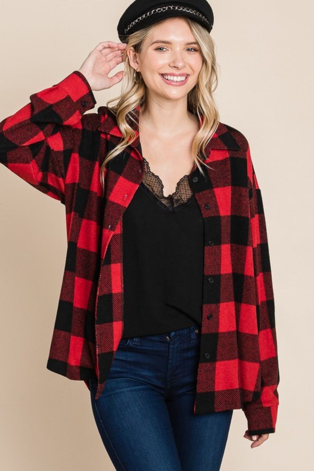 Plaid Button-Up Long-Sleeve Top