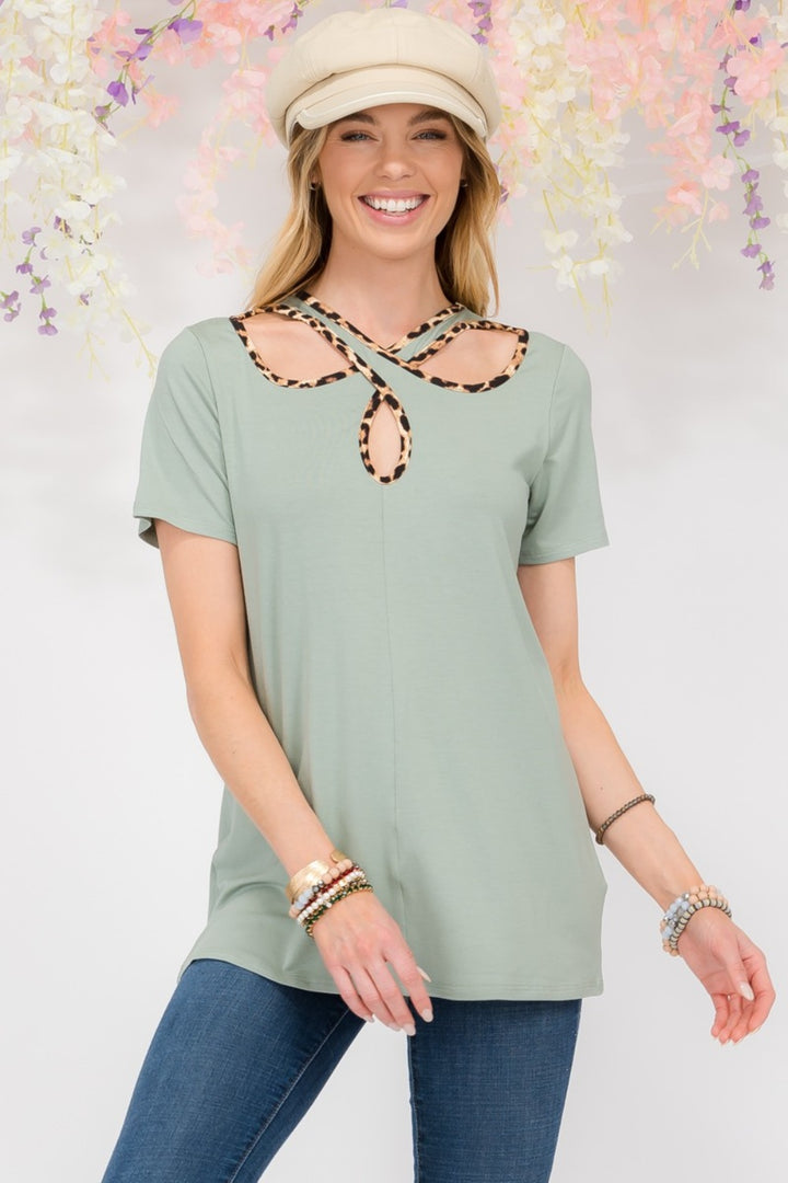 [FINAL SALE]  Bold Confidence - Crisscross Top w/ Leopard Trim - Sage