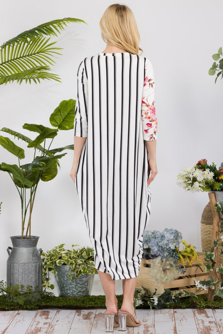 Striped Contrast Midi Dress - Ivory Floral/Stripe