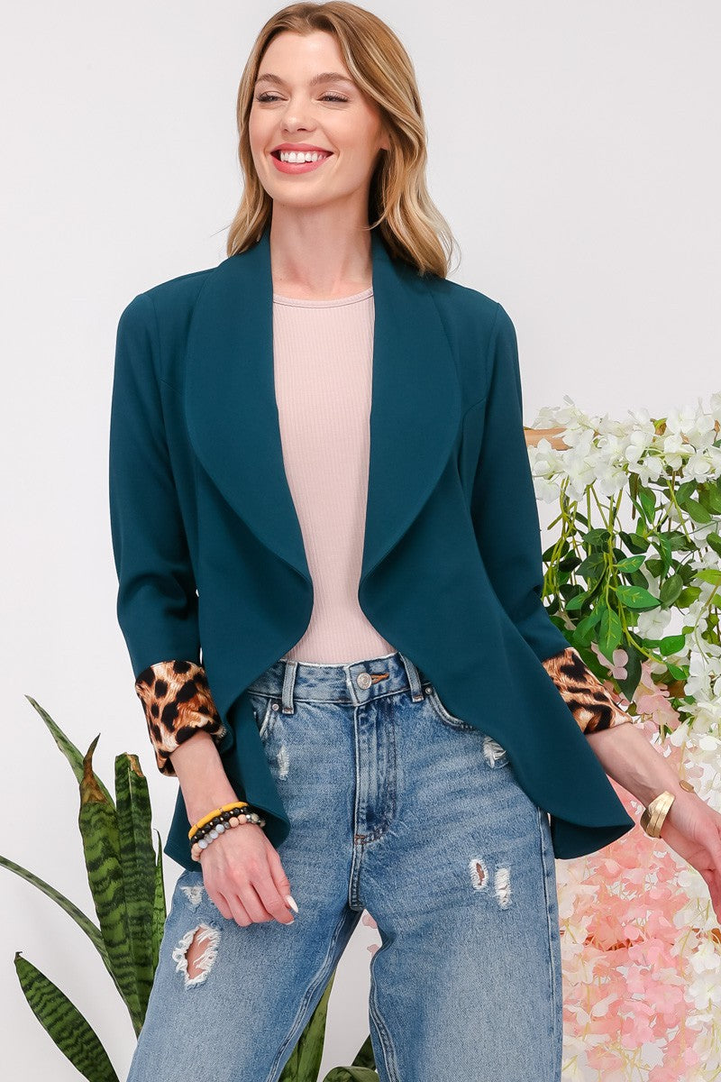 Richly Blessed - Leopard Cuff Cardigan Blazer - Teal/Hunter Green