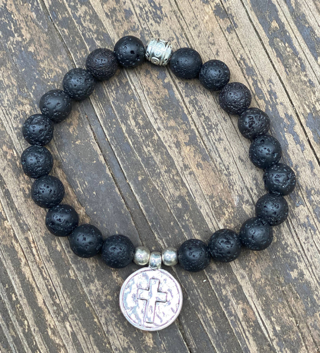 Natural Stone Cross Charm Stretchy Bracelet