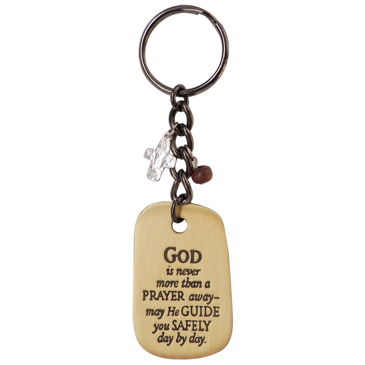 God is Never More Than A Prayer Away - Key Chain Ring With Cross & Wood Charms