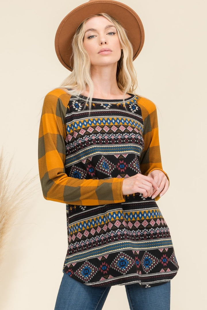 Aztec-Print Plaid Raglan Top