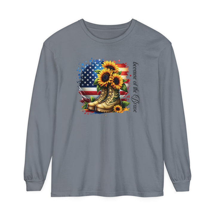 Because of the Brave - Patriotic USA Flag Sunflower - Premium Heavyweight Unisex Long-Sleeve Tee