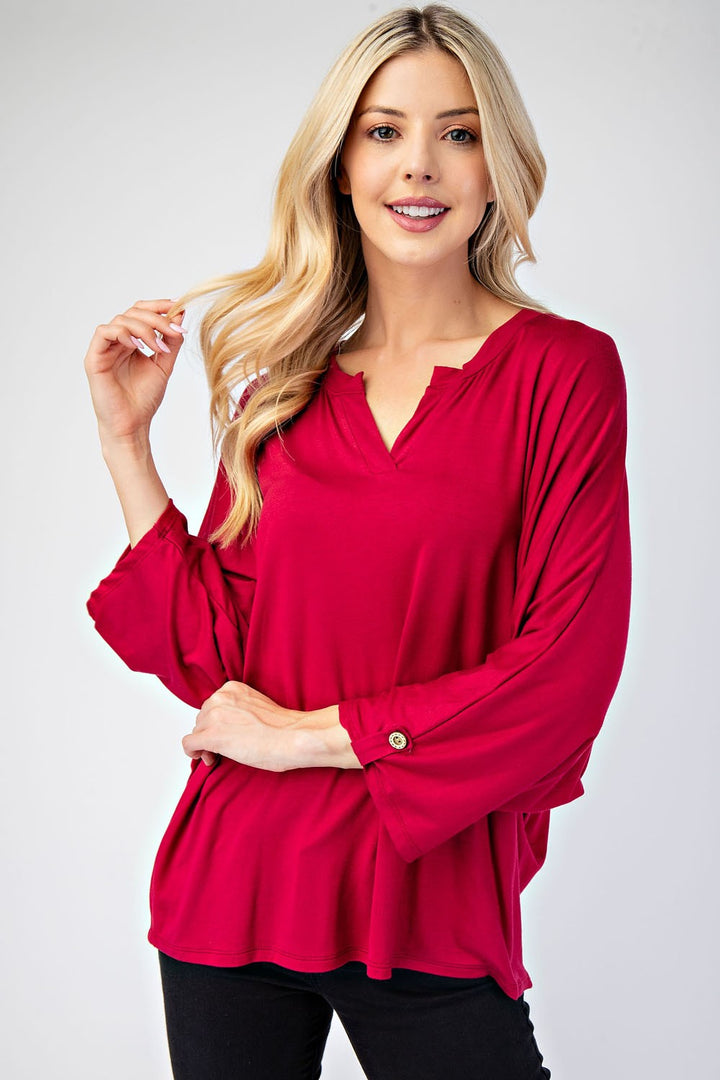 Effortless Days - 3/4-Sleeve Blouse - Burgundy