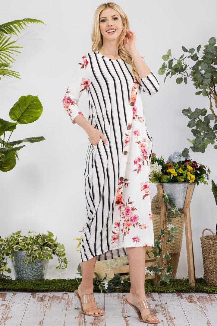 Striped Contrast Midi Dress - Ivory Floral/Stripe