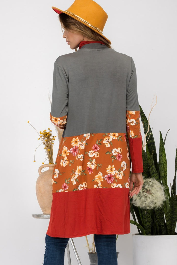 Flowy Floral Color Block Cardigan - Olive/Rust