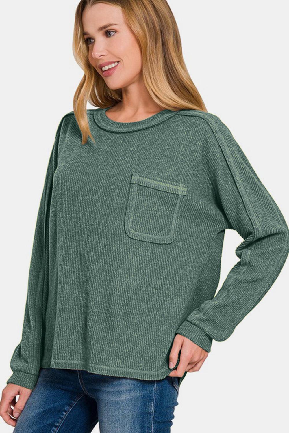 Call Me Cozy Ribbed Hacci Top - Ash Jade