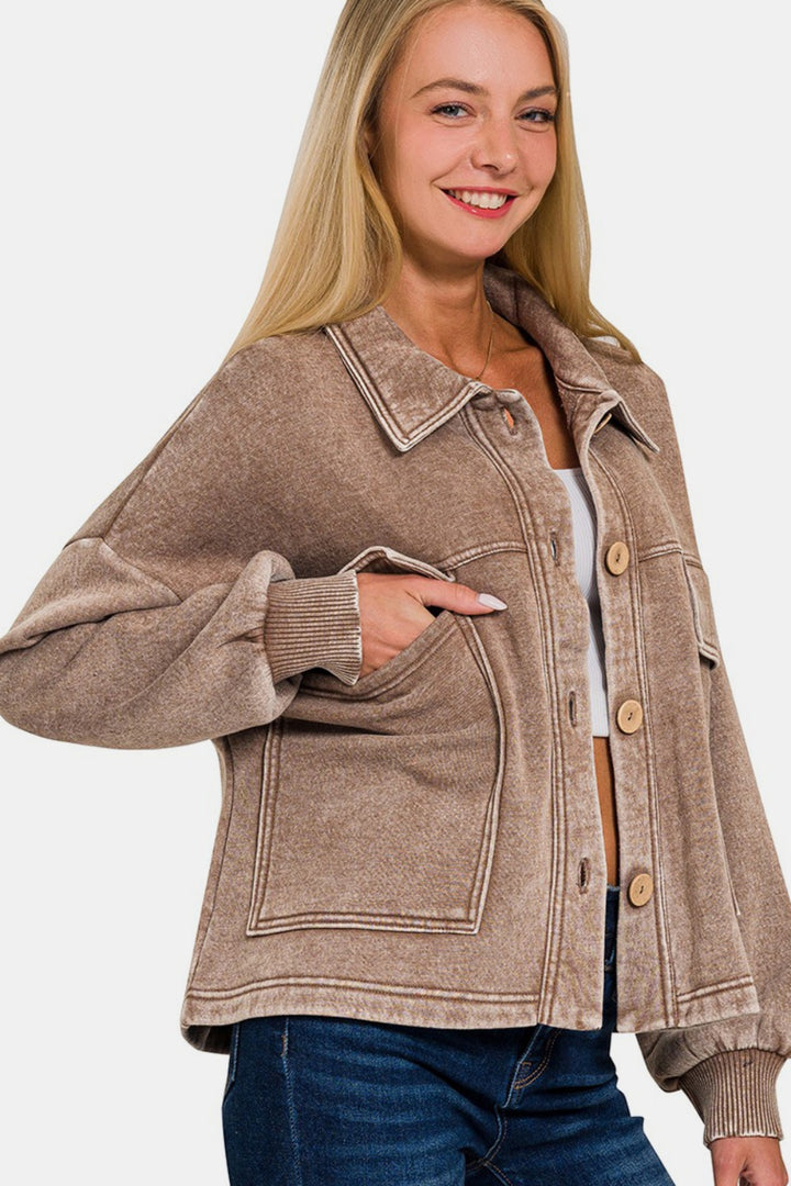 Cozy Fleece Button-Up Shacket - Mocha