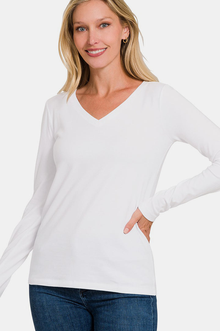 Comfy Basics - Cotton V-Neck Top - White