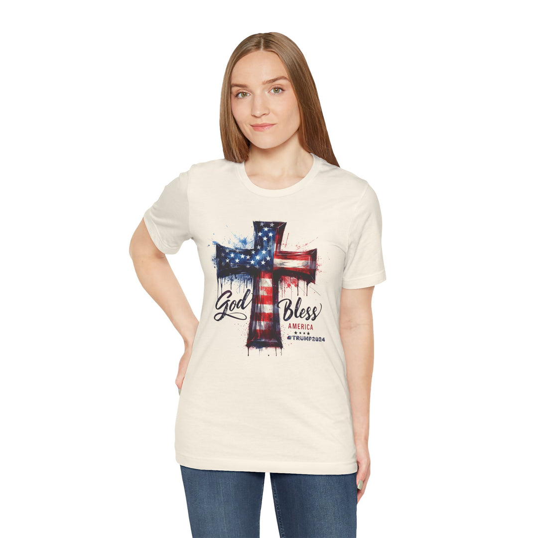 God Bless America Trump 2024 Commemorative - USA Flag Cross Watercolor - Unisex Crew-Neck Tee