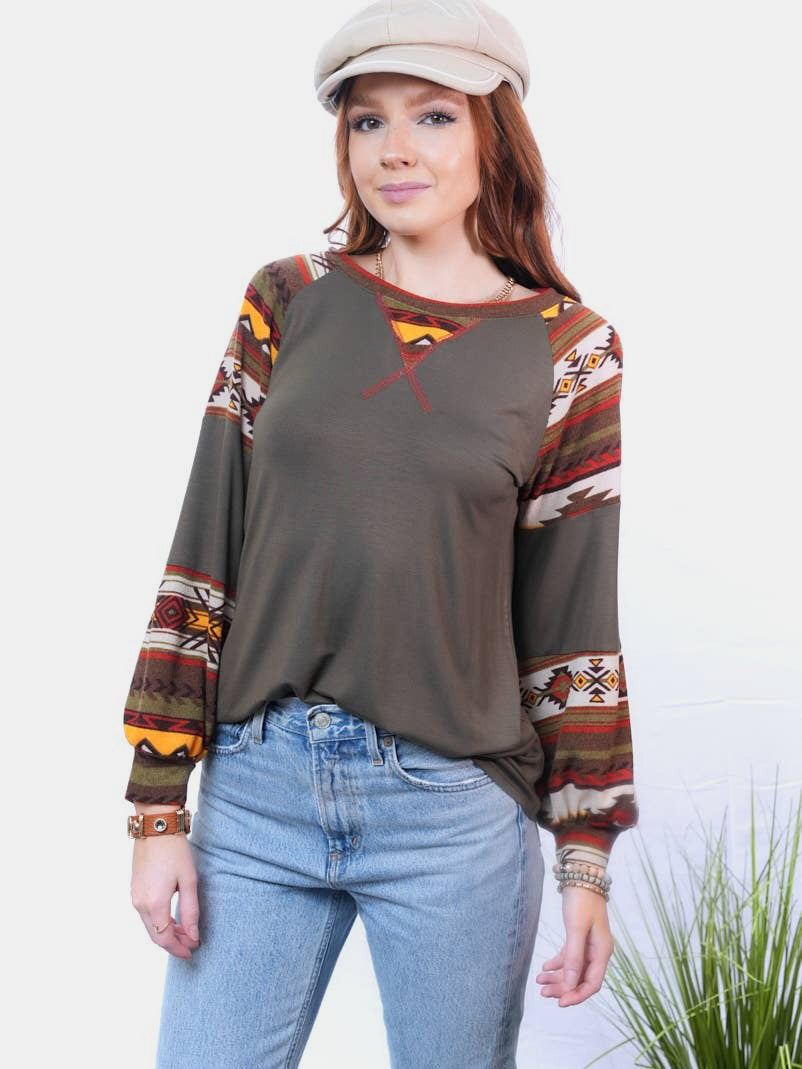 Holding On Aztec-Print Top - Dark Olive