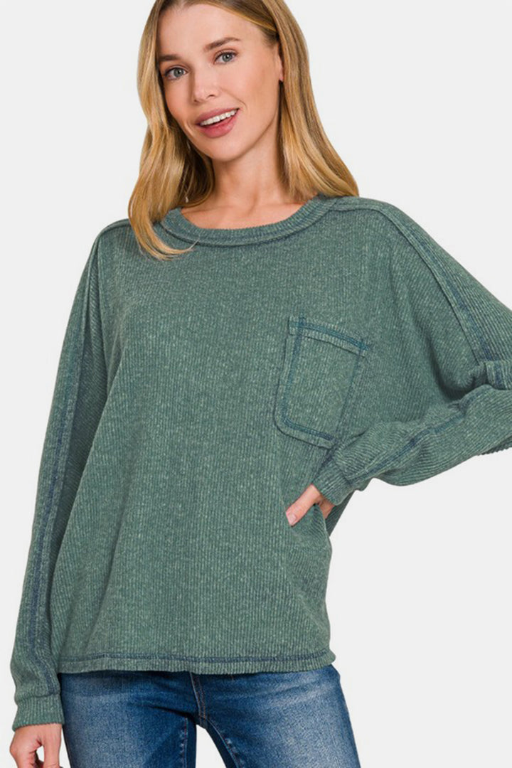 Call Me Cozy Ribbed Hacci Top - Ash Jade