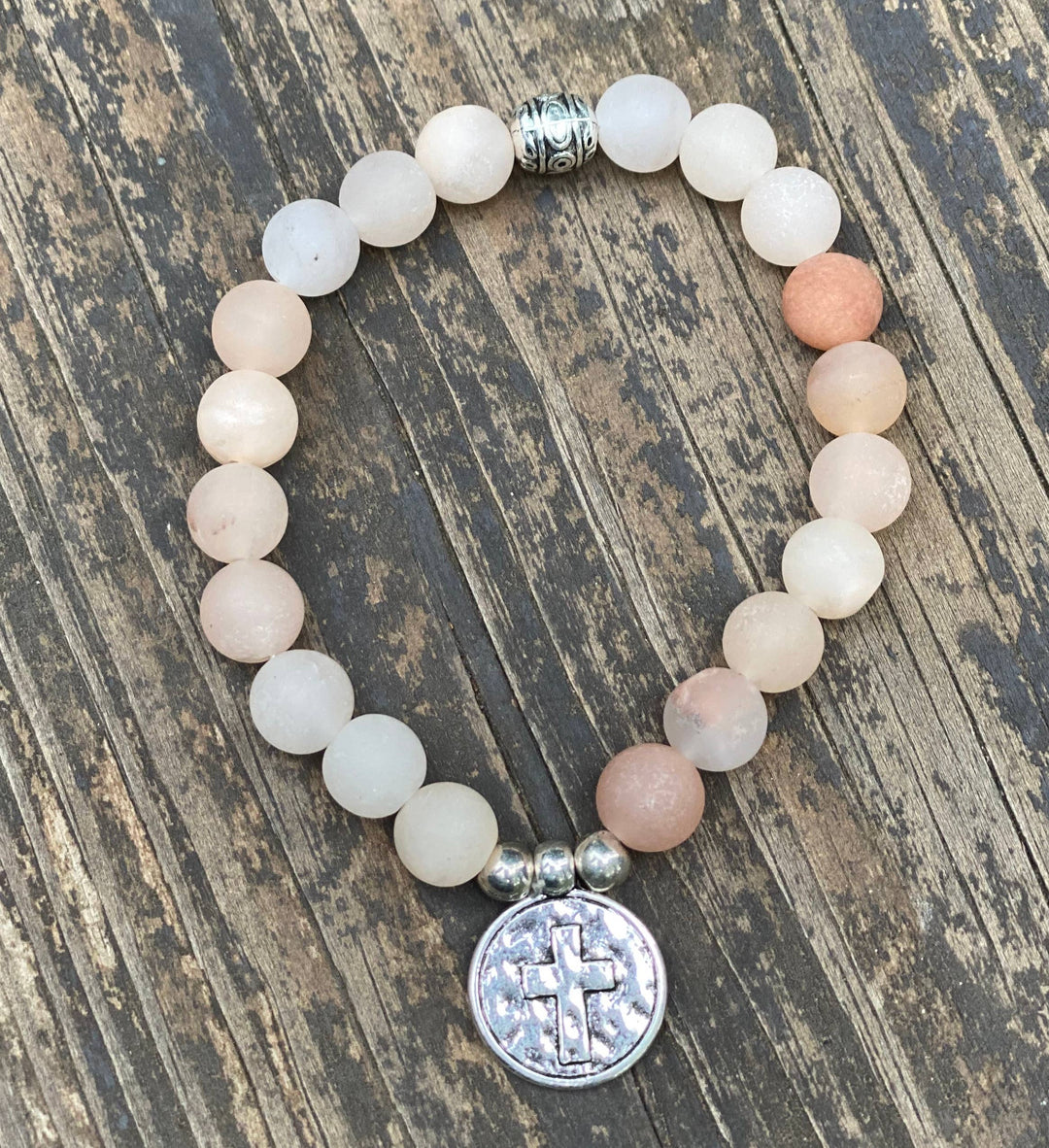 Natural Stone Cross Charm Stretchy Bracelet