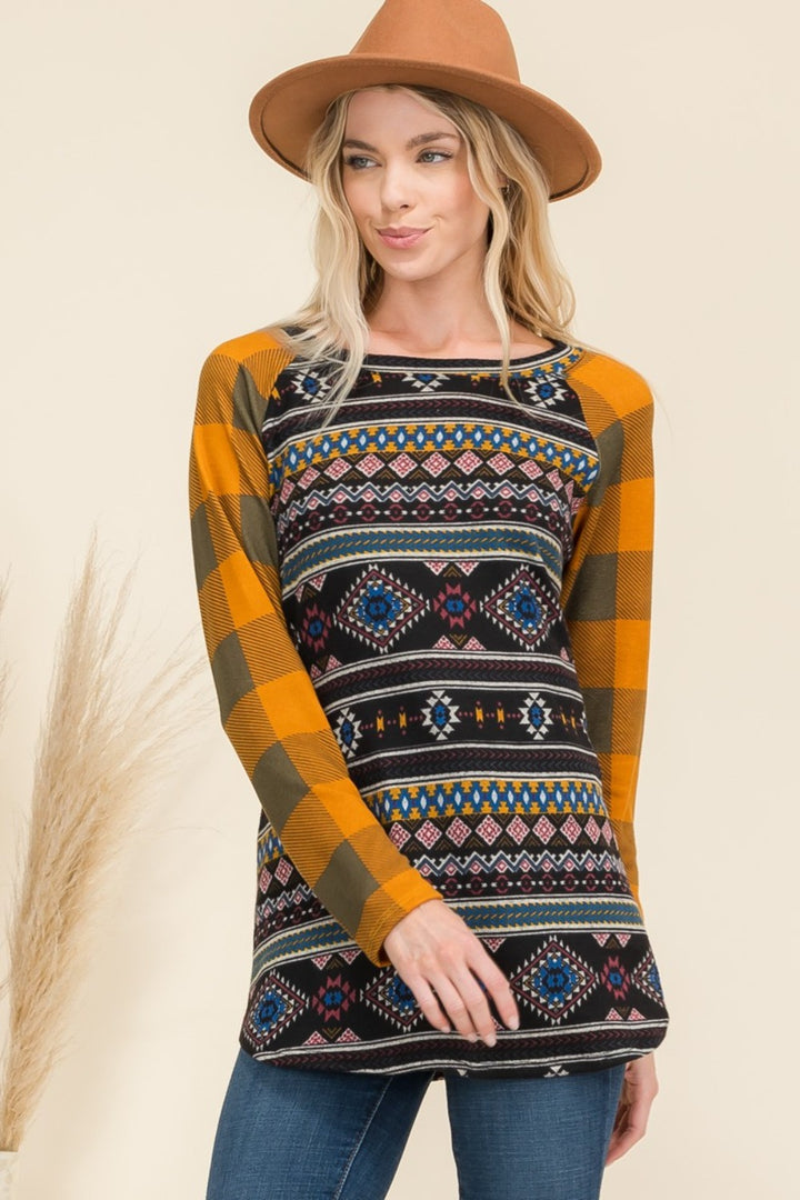 Aztec-Print Plaid Raglan Top