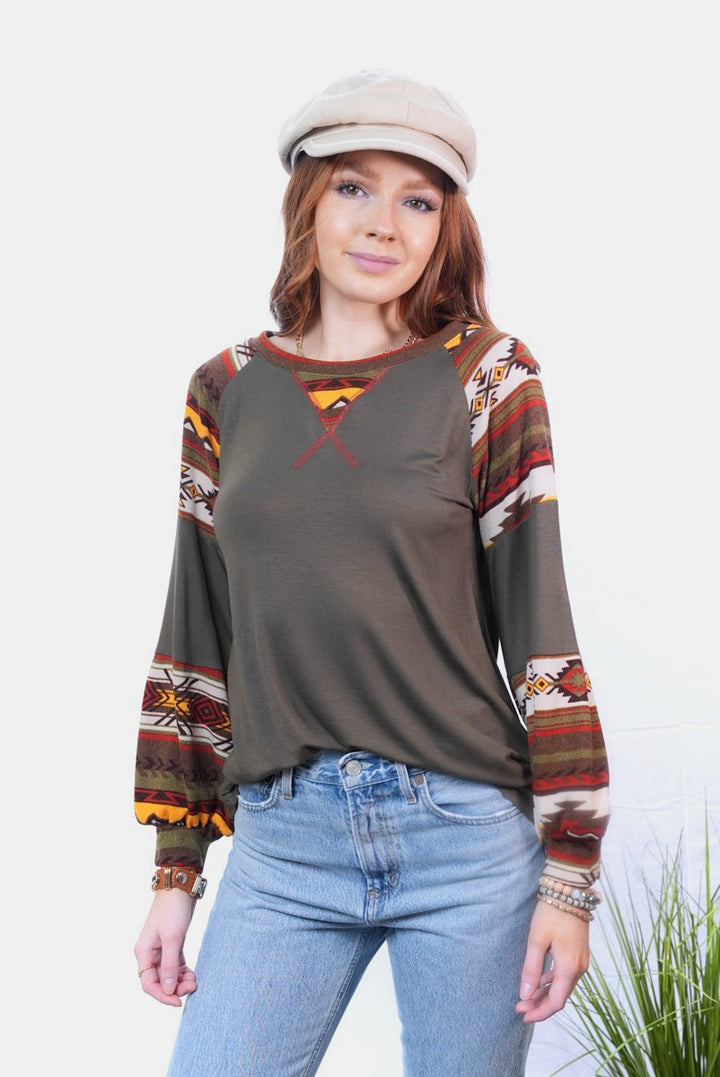 Holding On Aztec-Print Top - Dark Olive