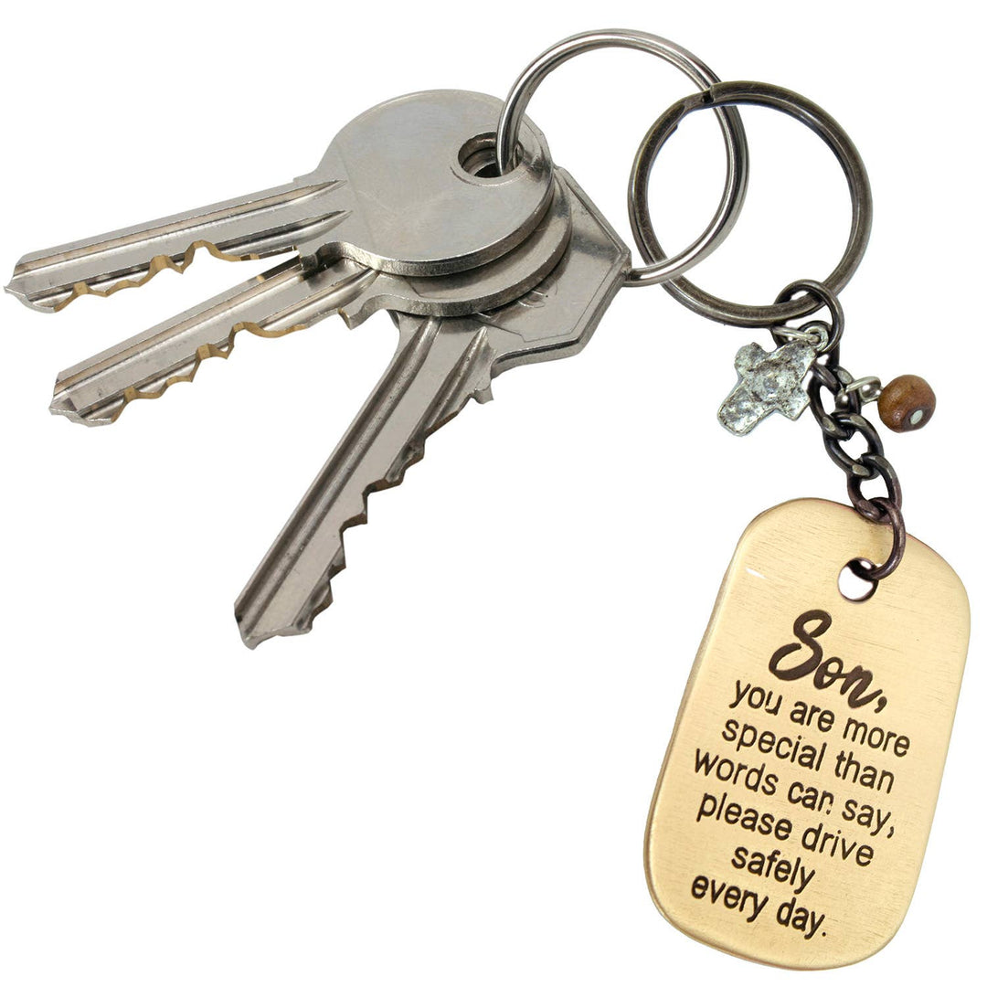 Son Drive Safely - Key Chain Ring With Cross & Wood Charms