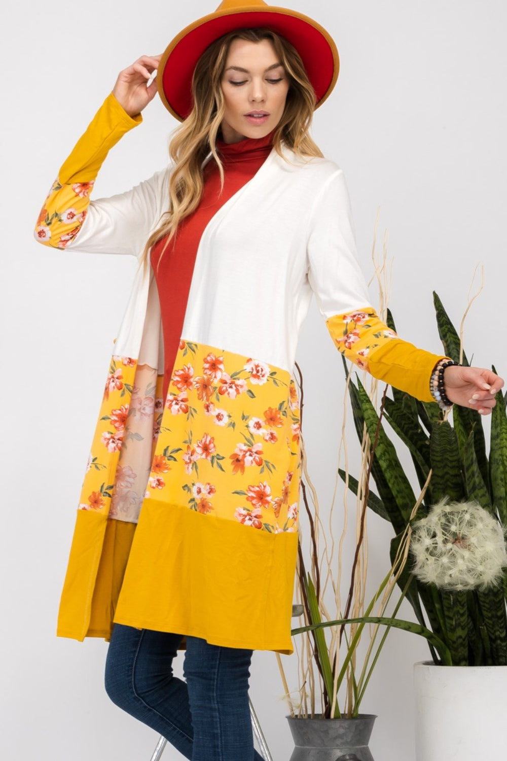 Flowy Floral Color Block Cardigan - Ivory/Mustard