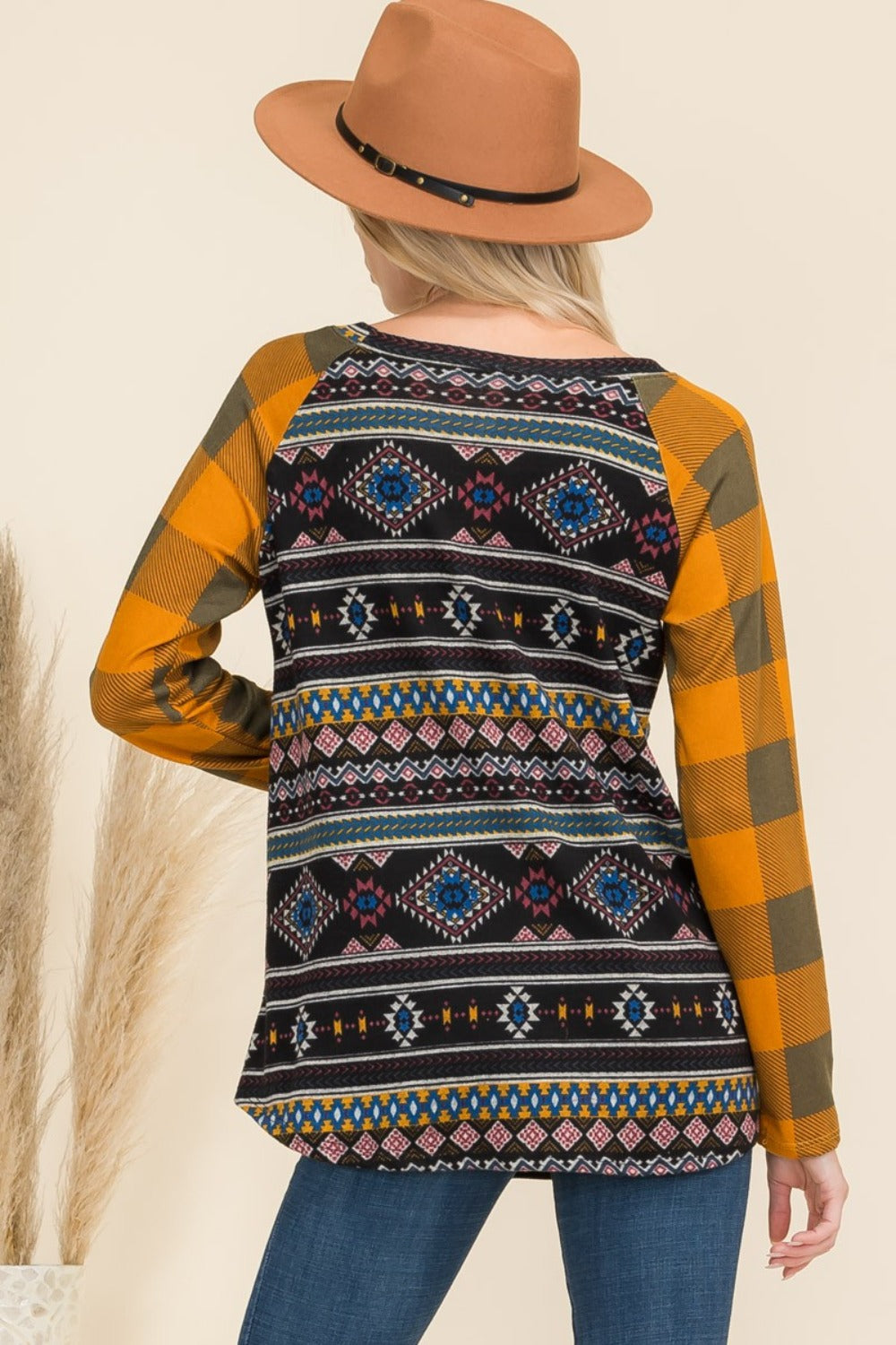 Aztec-Print Plaid Raglan Top