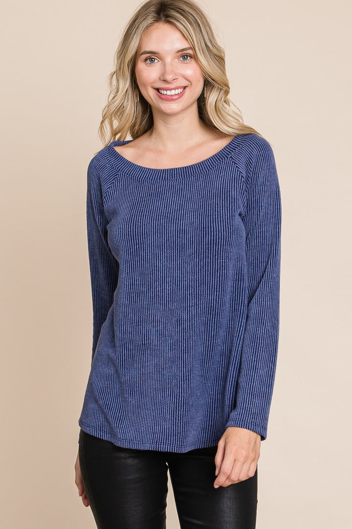 All Aboard - Ribbed Boat-Neck Top - Navy