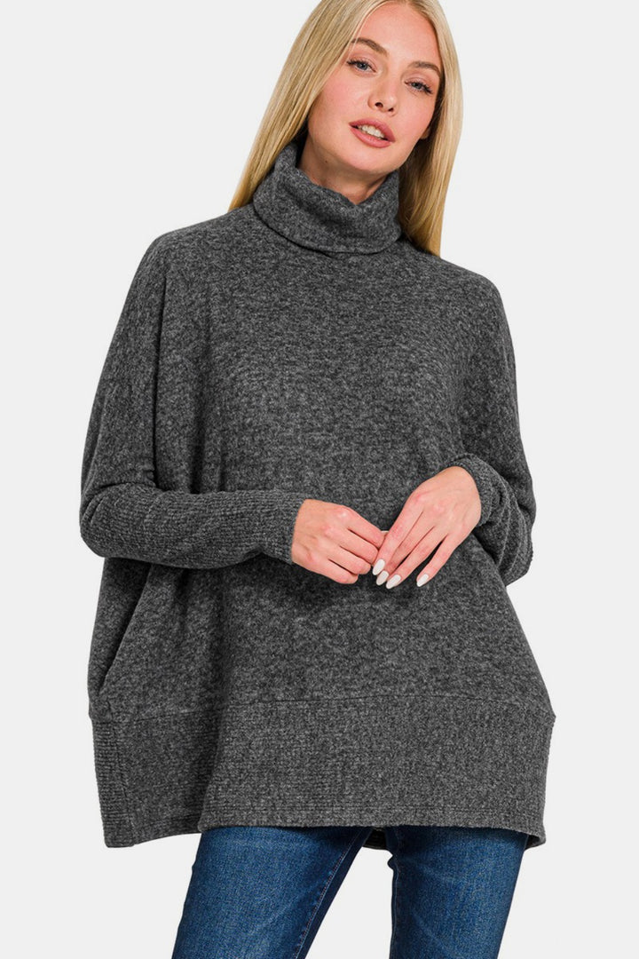 Snuggly Chic - Brushed Hacci Turtleneck Sweater - Heather Black