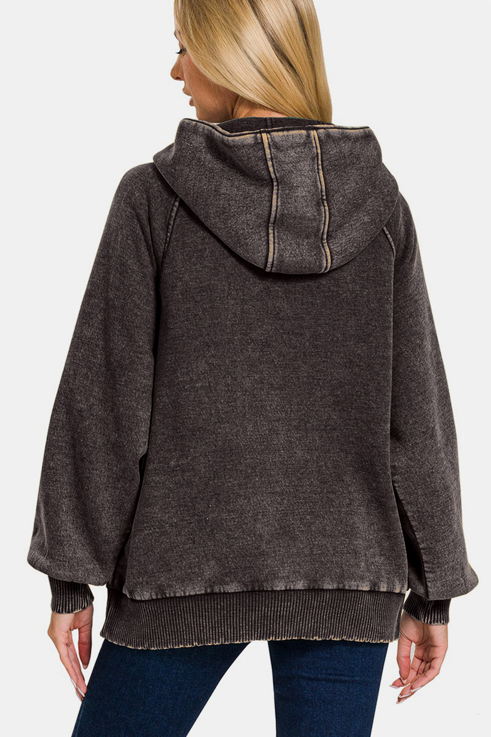 Acid-Wash Fleece Kangaroo Hoodie - Ash Black