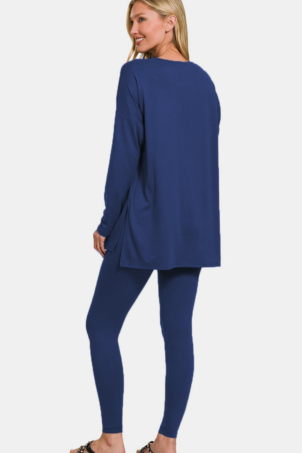 Effortless Lounging - Brushed Microfiber Top and Leggings Set - Light Navy