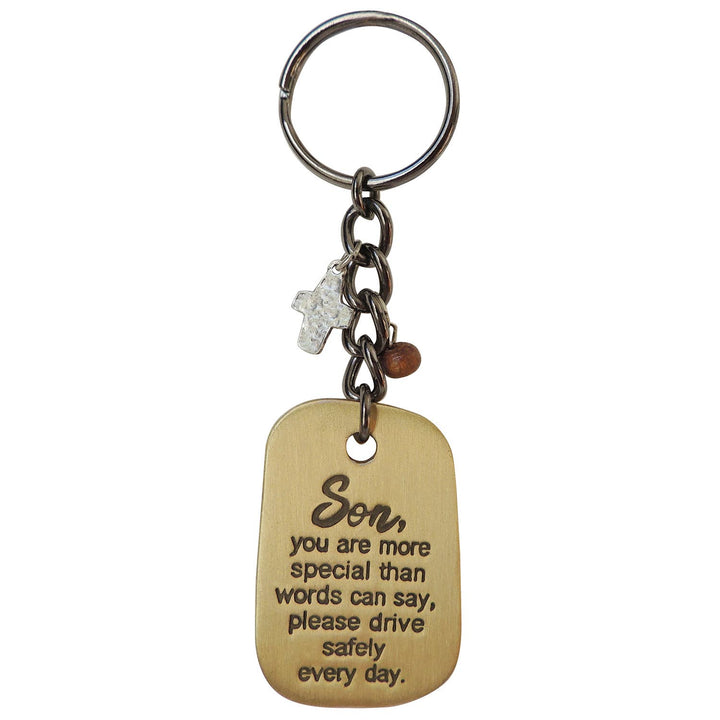 Son Drive Safely - Key Chain Ring With Cross & Wood Charms