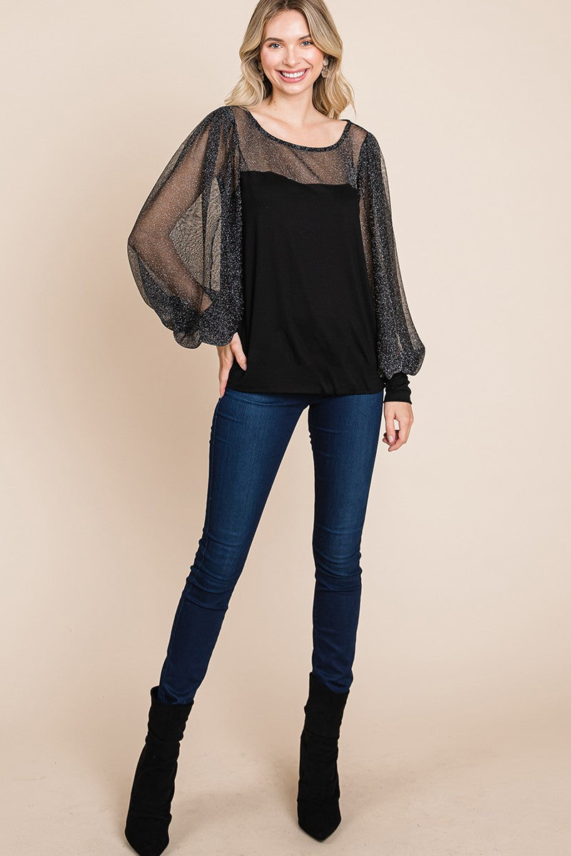 All For Glam - Metallic Mesh Lantern-Sleeve Top