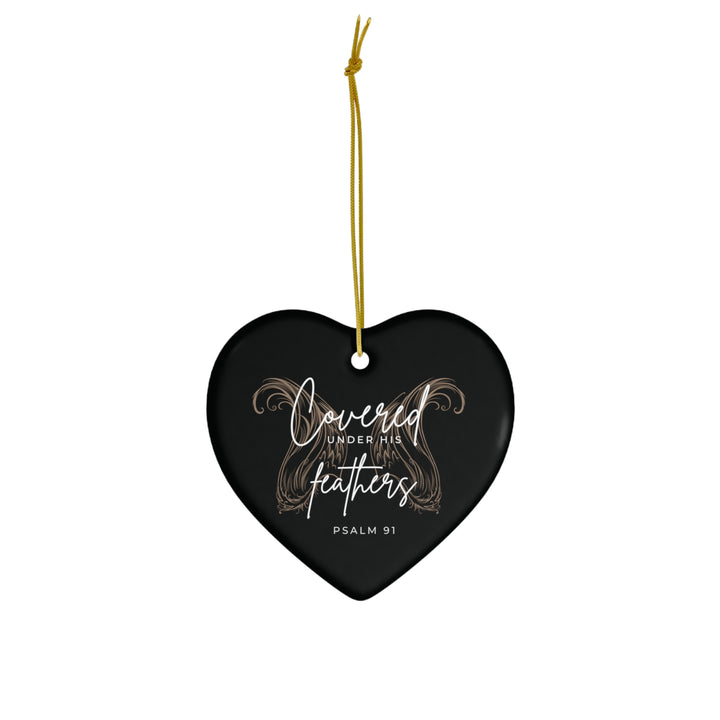 Covered Under His Feathers - Ceramic Heart Ornament - Black Background