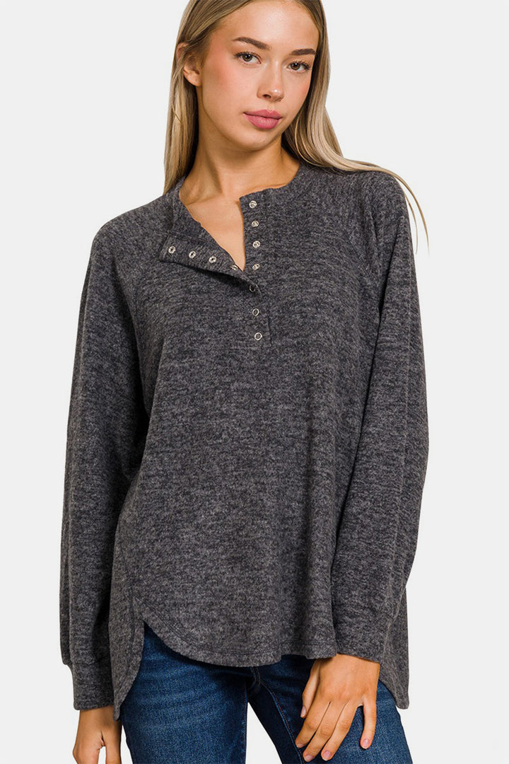 Brushed Melange Hacci High-Low Sweater Top - Heather Black