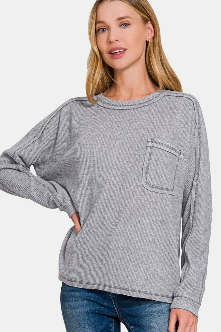 Call Me Cozy Ribbed Hacci Top - Gray