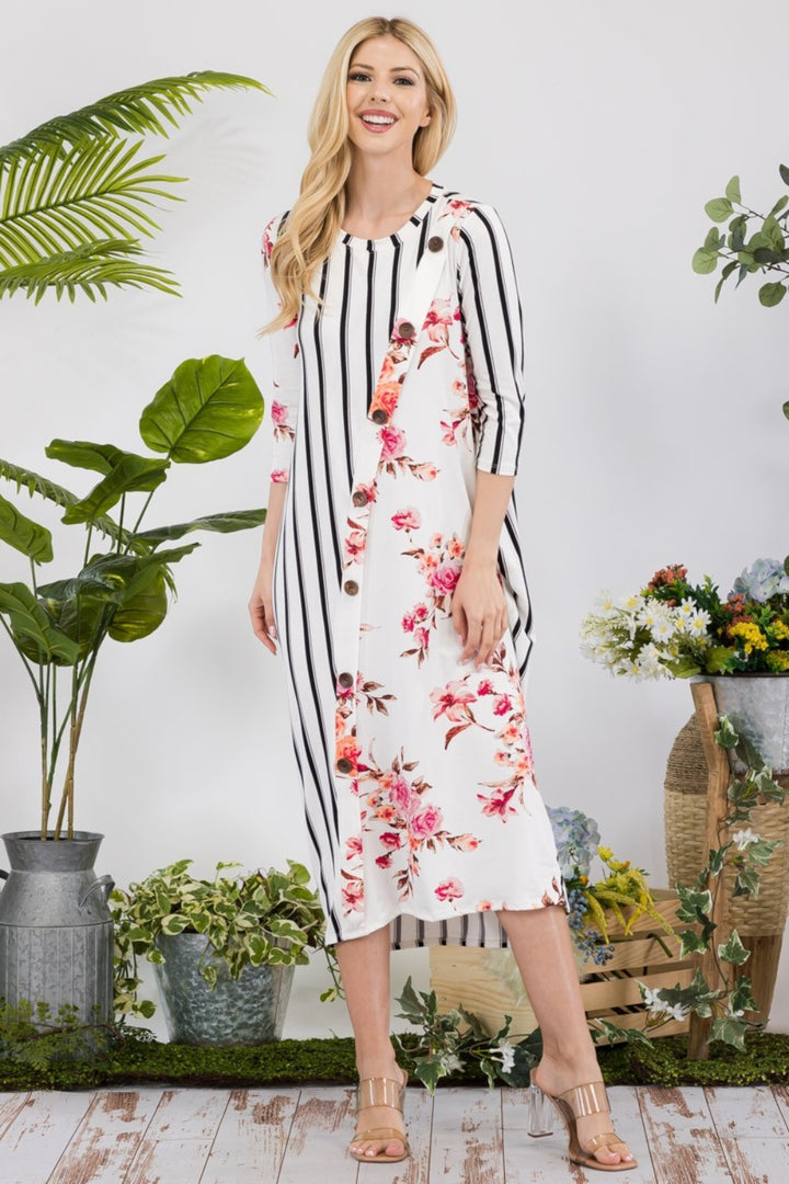 Striped Contrast Midi Dress - Ivory Floral/Stripe