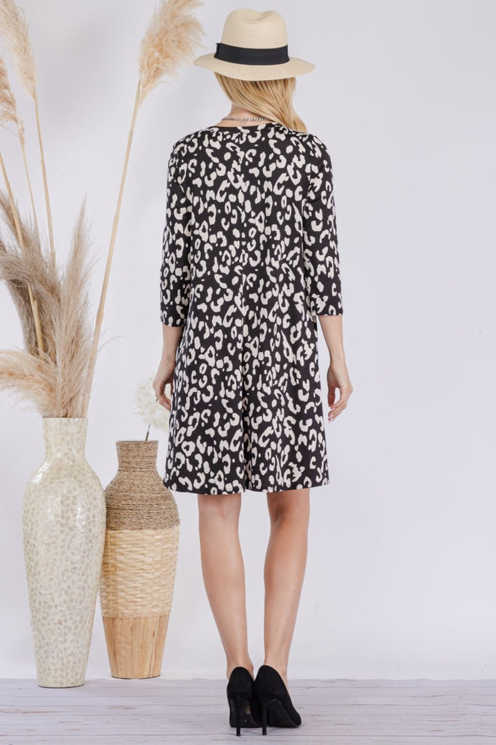 Leopard-Print Three-Quarter Sleeve Dress