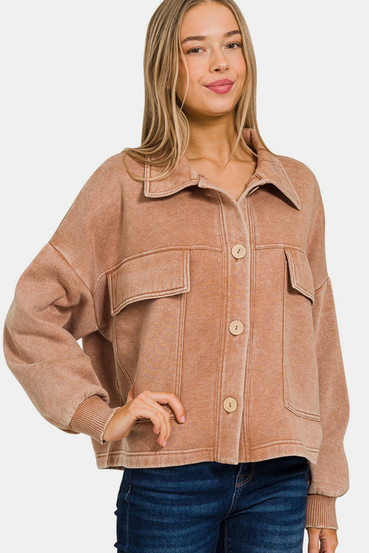 Cozy Fleece Button-Up Shacket - Rust