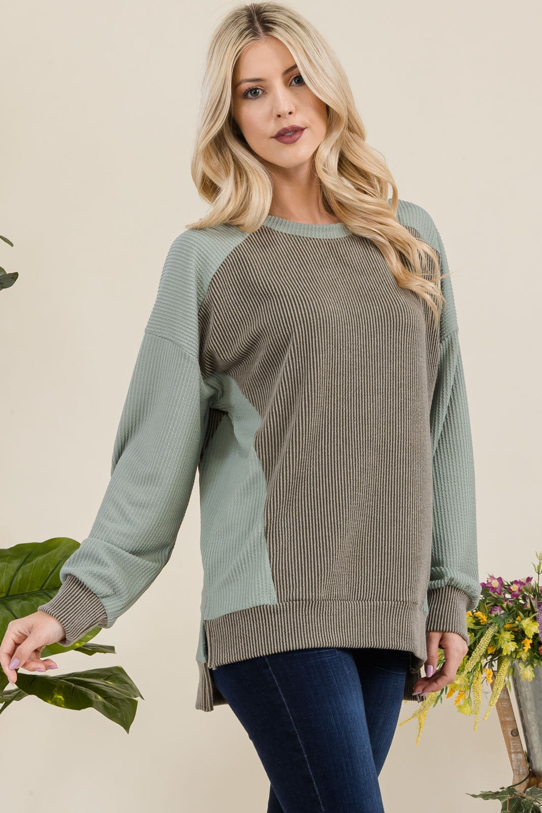 Letting It Go - High-Low Sweatshirt Top - Sage