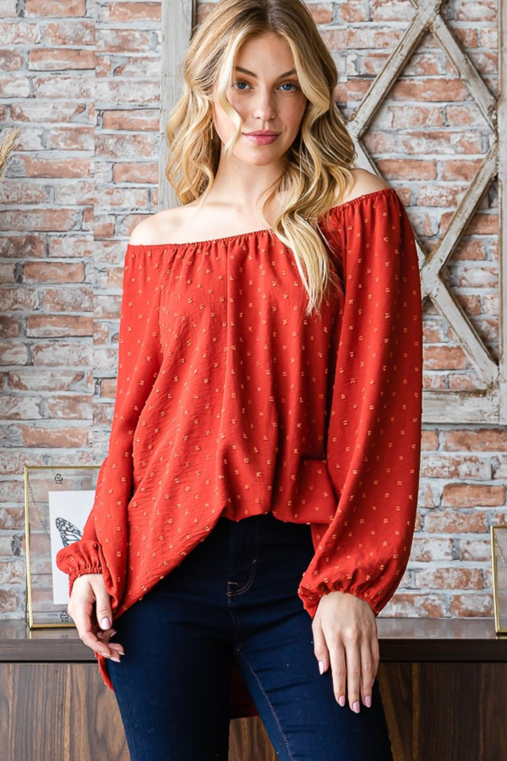 Touch Of Romance Swiss-Dot Off-Shoulder Top