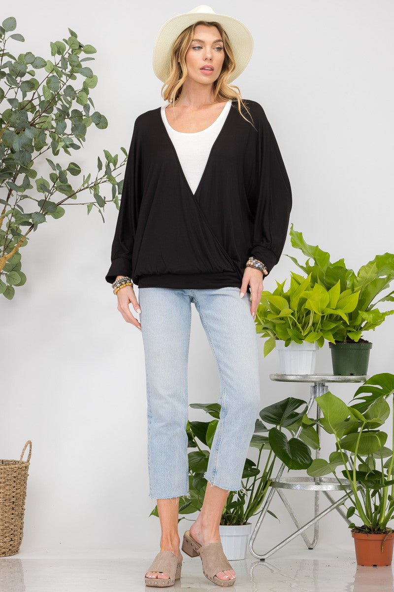 Open V-Neck Wrap Top with Two-Layer Detail