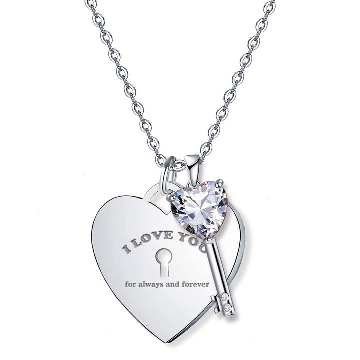 I Love You Heart Lock Engraved Pendant With Key Charm Necklace (2-Sided)